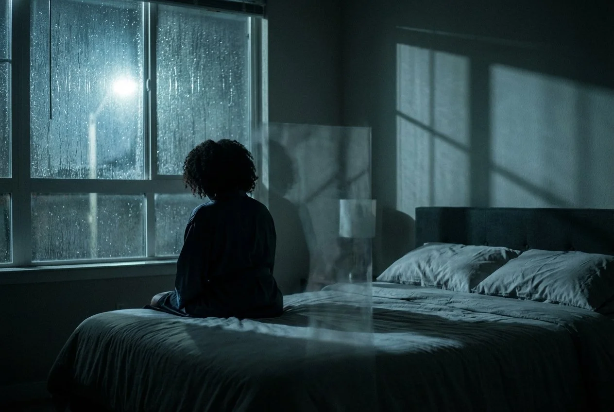silhouette of a woman sitting on her bed in a moody enviorenment