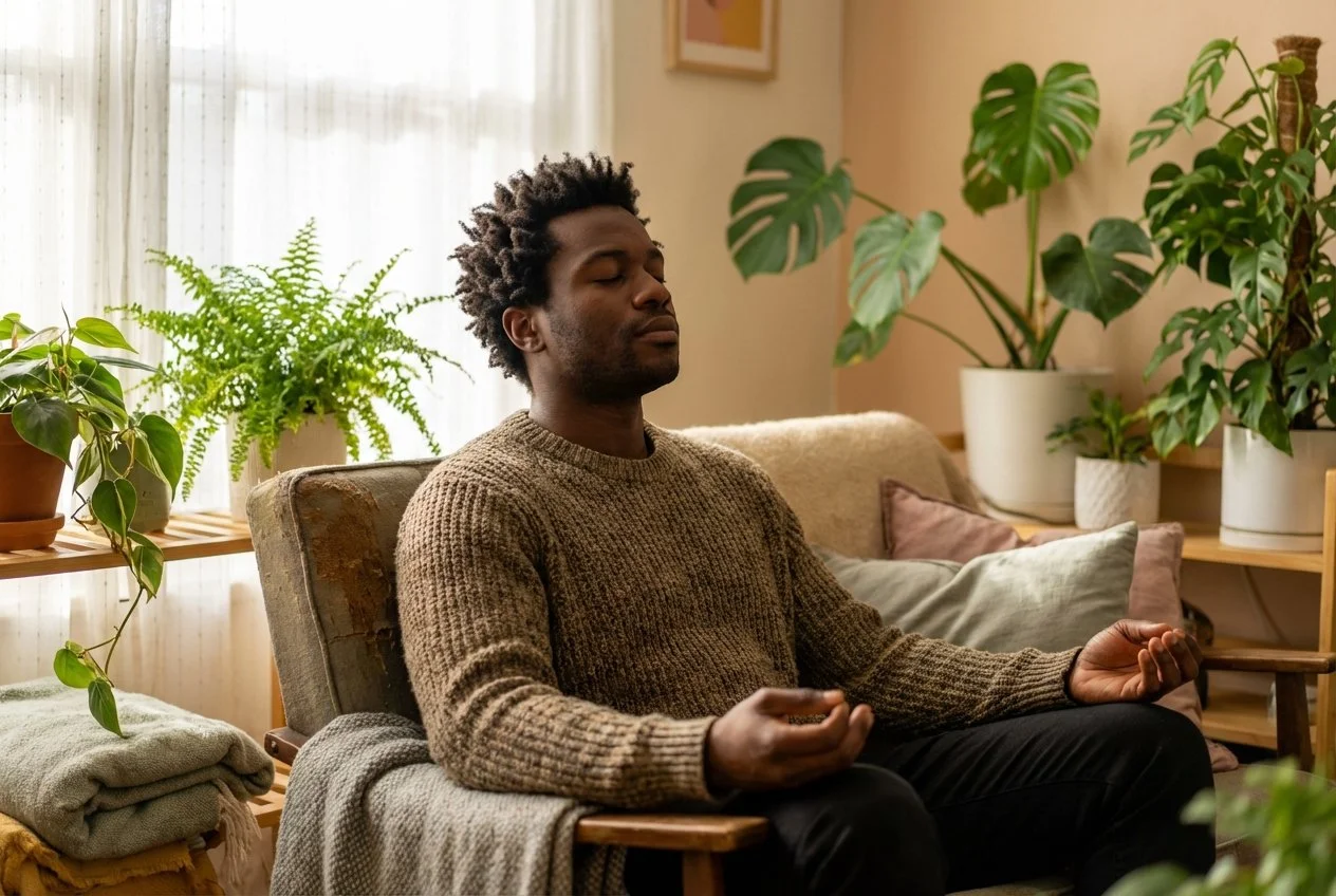 black man meditating in her house