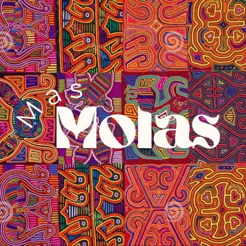 Colorful traditional Mola fabric with intricate patterns and text reading 'Molas' and 'is'.