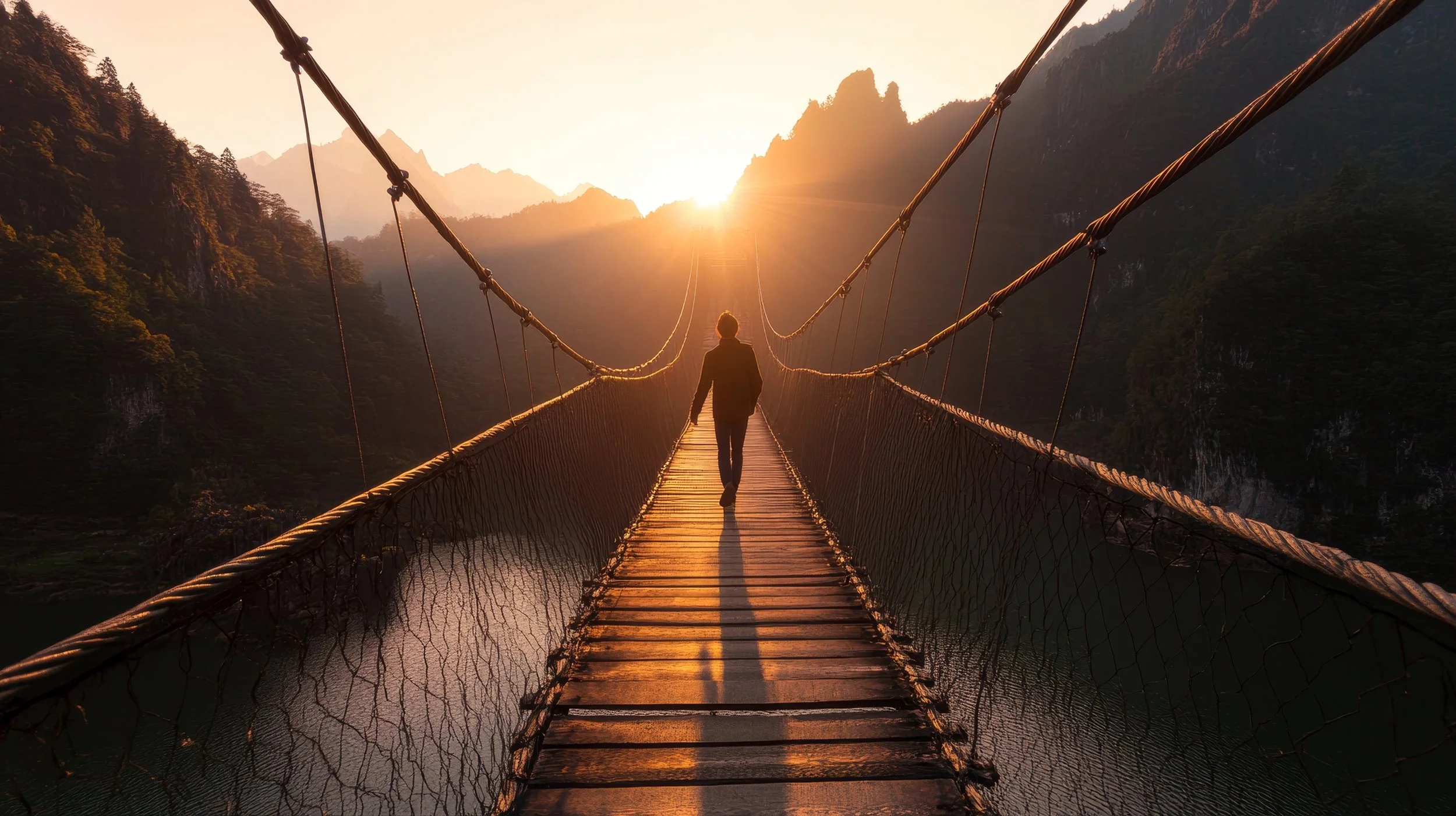 A person walking on a wooden suspension bridge at sunset, surrounded by mountains and greenery.