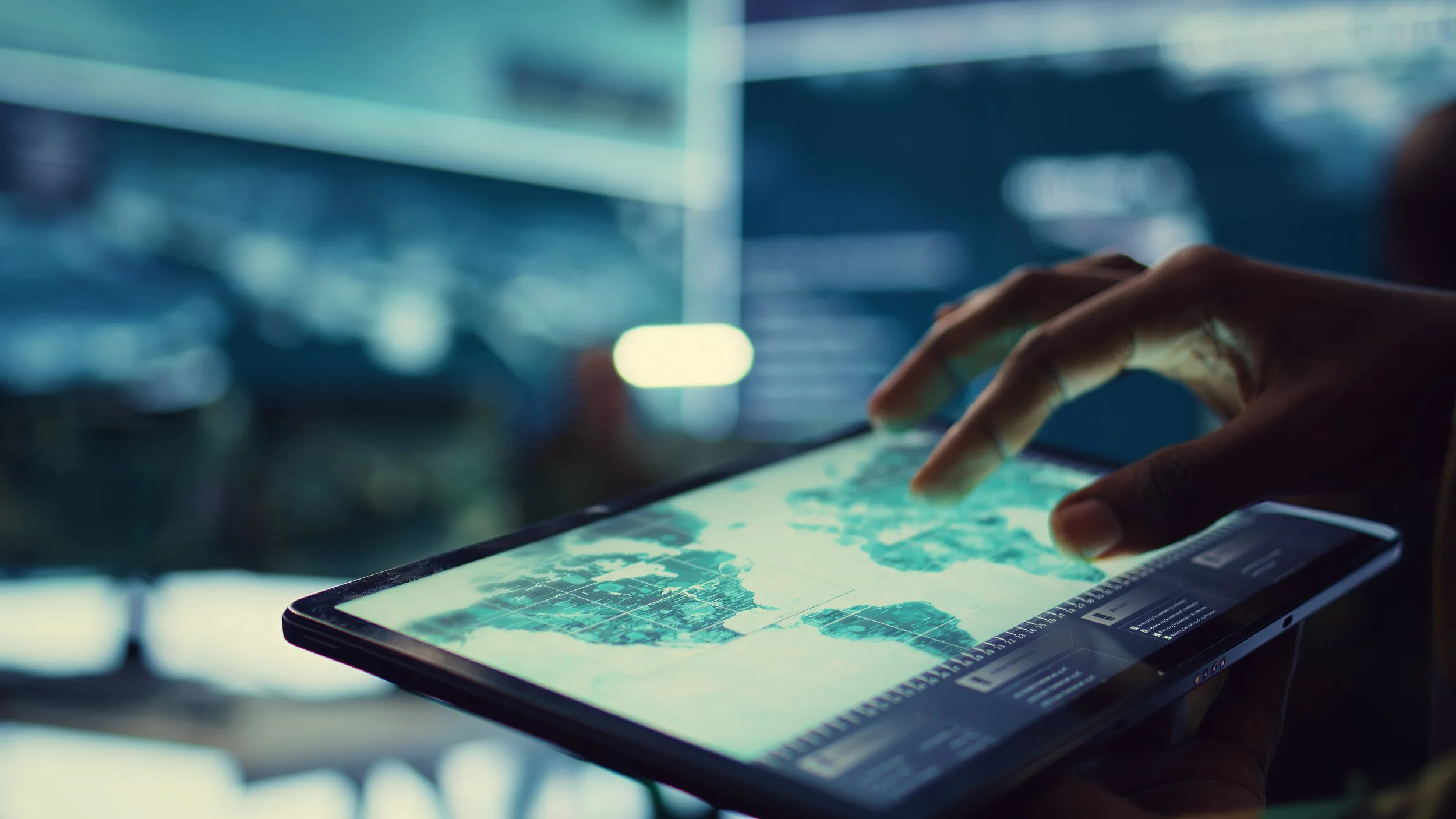 Close-up of a person using a digital tablet with a map application in a dark indoor setting, illuminated by the tablet's screen.