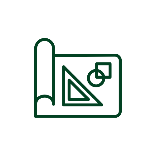 Icon of a blueprint with a rolled edge, a triangle, and two overlapping squares.