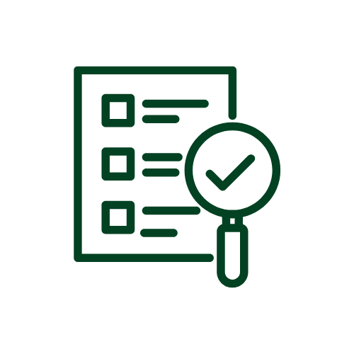 Icon of a checklist with a magnifying glass and a checkmark