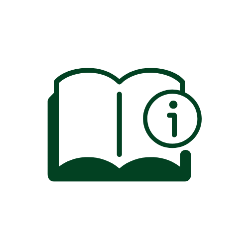 Icon of an open book with an information symbol on it.