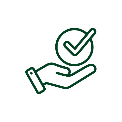 An illustration of a hand holding a checkmark inside a circle, representing approval or certification.