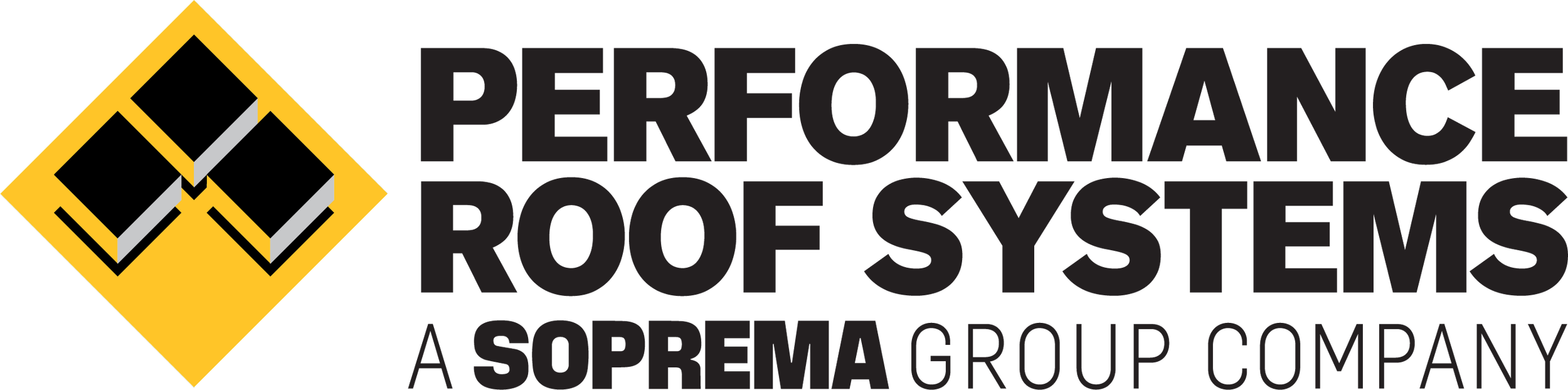 Logo for Performance Roof Systems, a Soprema Group Company, featuring a yellow diamond with a gray and white roof graphic, and black text.