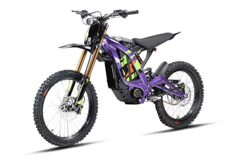 Electric dirt bike with a purple frame and colorful graphics, featuring knobby tires, a black seat, and front suspension.