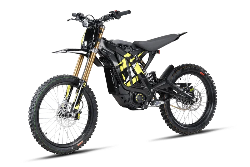 A black and yellow electric dirt bike with knobby tires, front suspension forks, and a compact frame.