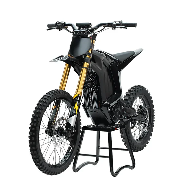 Black all-electric dirt bike with gold front suspension forks, sitting on a stand.