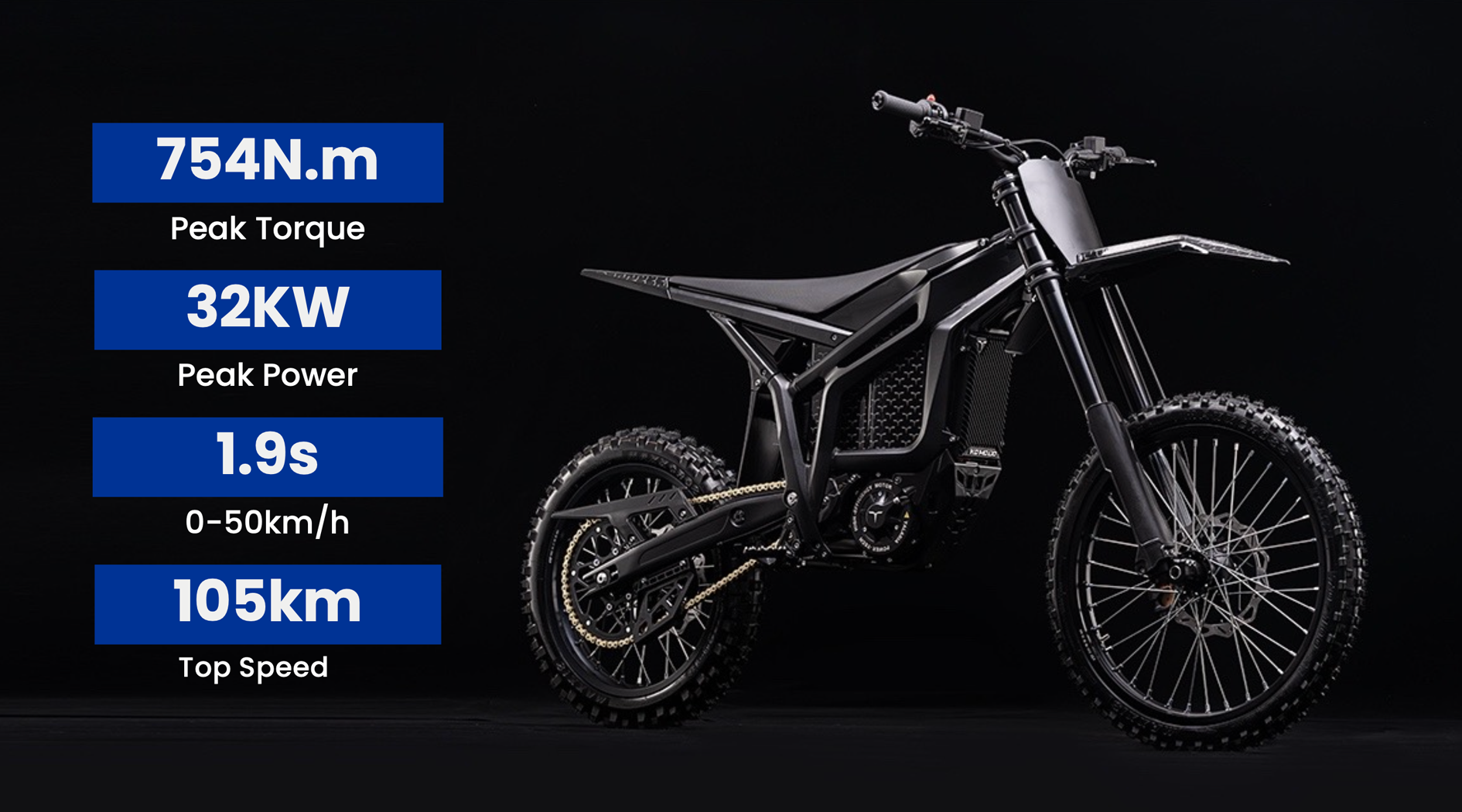 A black electric mountain bike with off-road tires and a sleek design, displaying electrical performance specifications on the left, including peak torque of 754 Nm, peak power of 32 kW, acceleration from 0 to 50 km/h in 1.9 seconds, and a top speed of 105 km/h.
