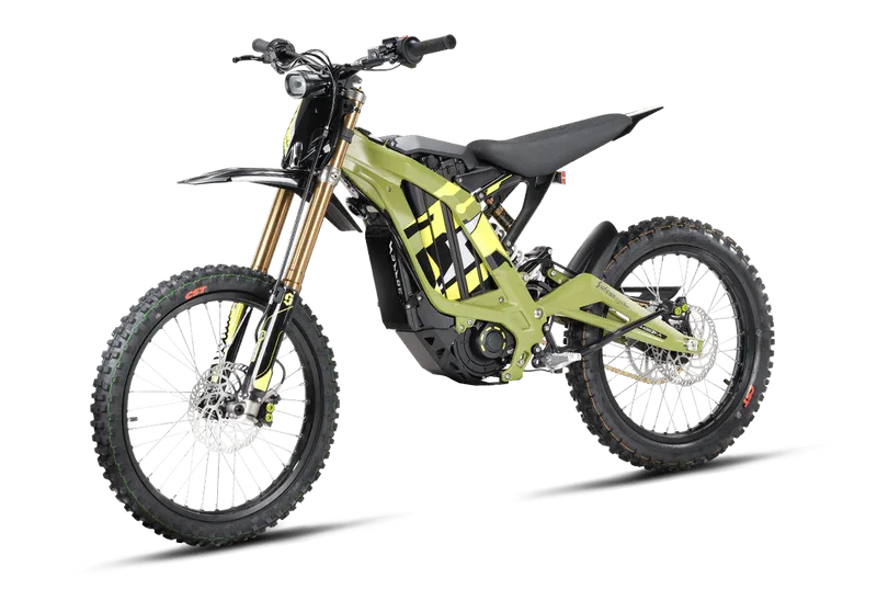 Electric mountain bike with a black frame, yellow and black accents, knobby tires, and a full suspension system.