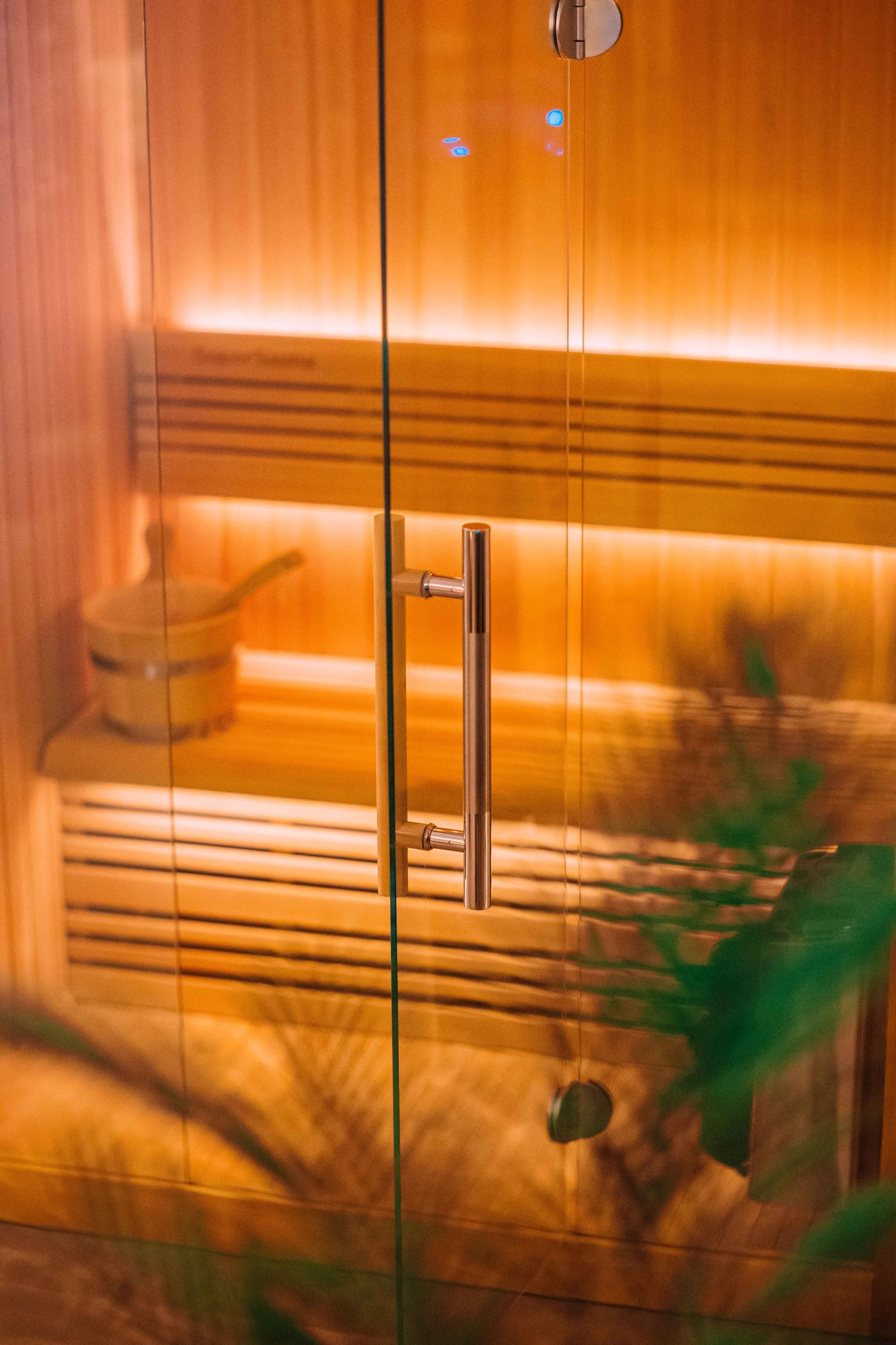 A glass door with a metal handle leading into a sauna with wooden interior.