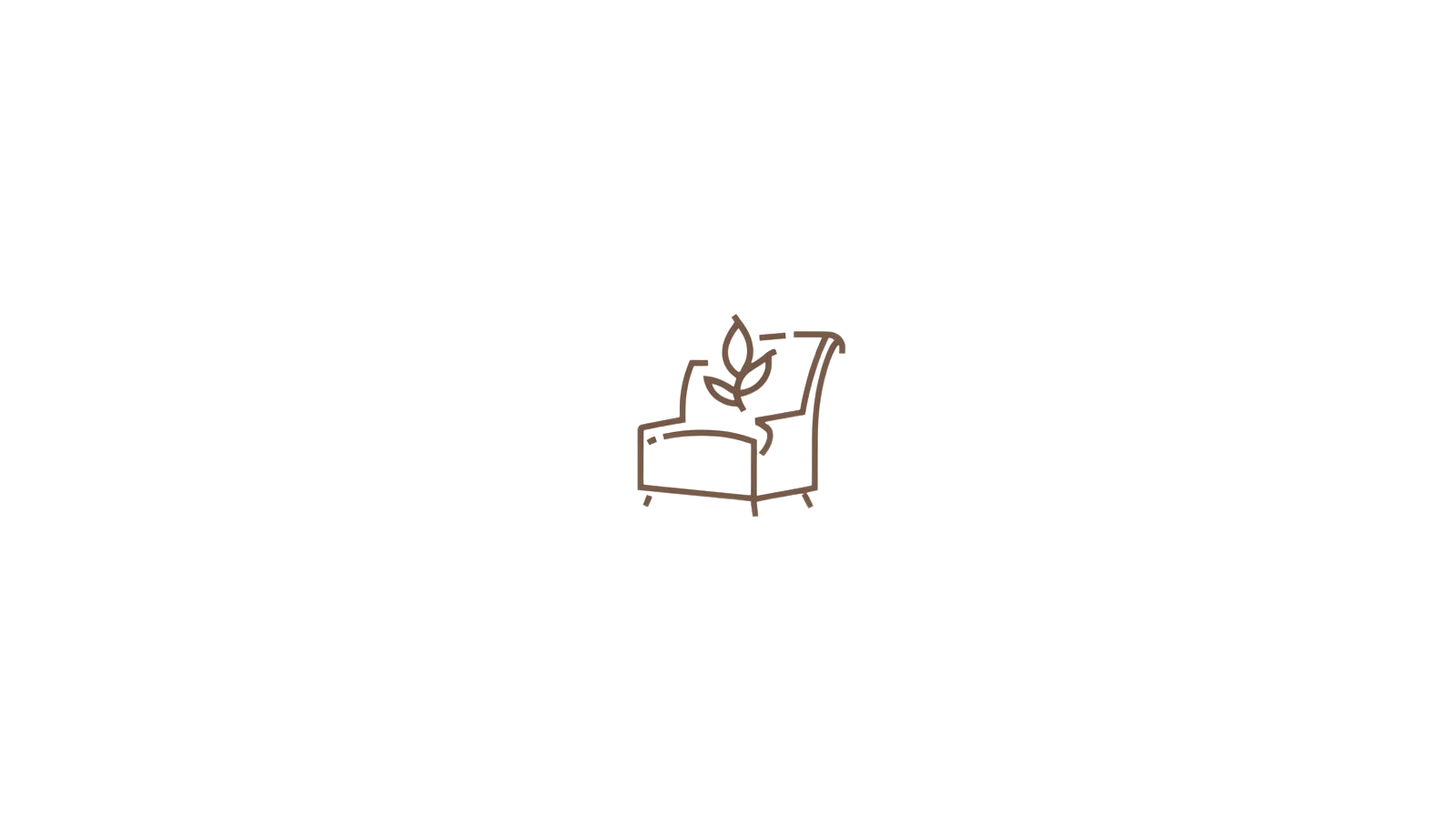 Black background with a brown line drawing of an armchair with a plant or leaf pattern on it.