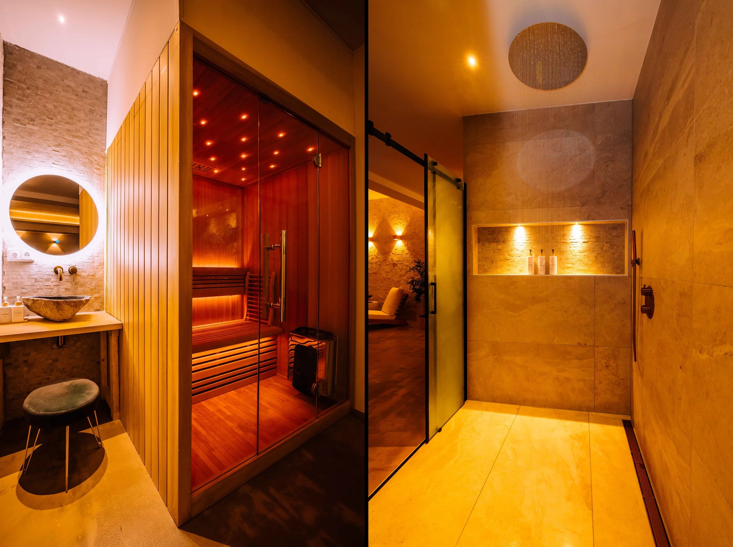 The image shows a split view of two spa or wellness rooms. The left side features a wood-paneled sauna with a glass door, wooden benches, and warm lighting, alongside a vanity area with a stone vessel sink and a round mirror. The right side displays 
