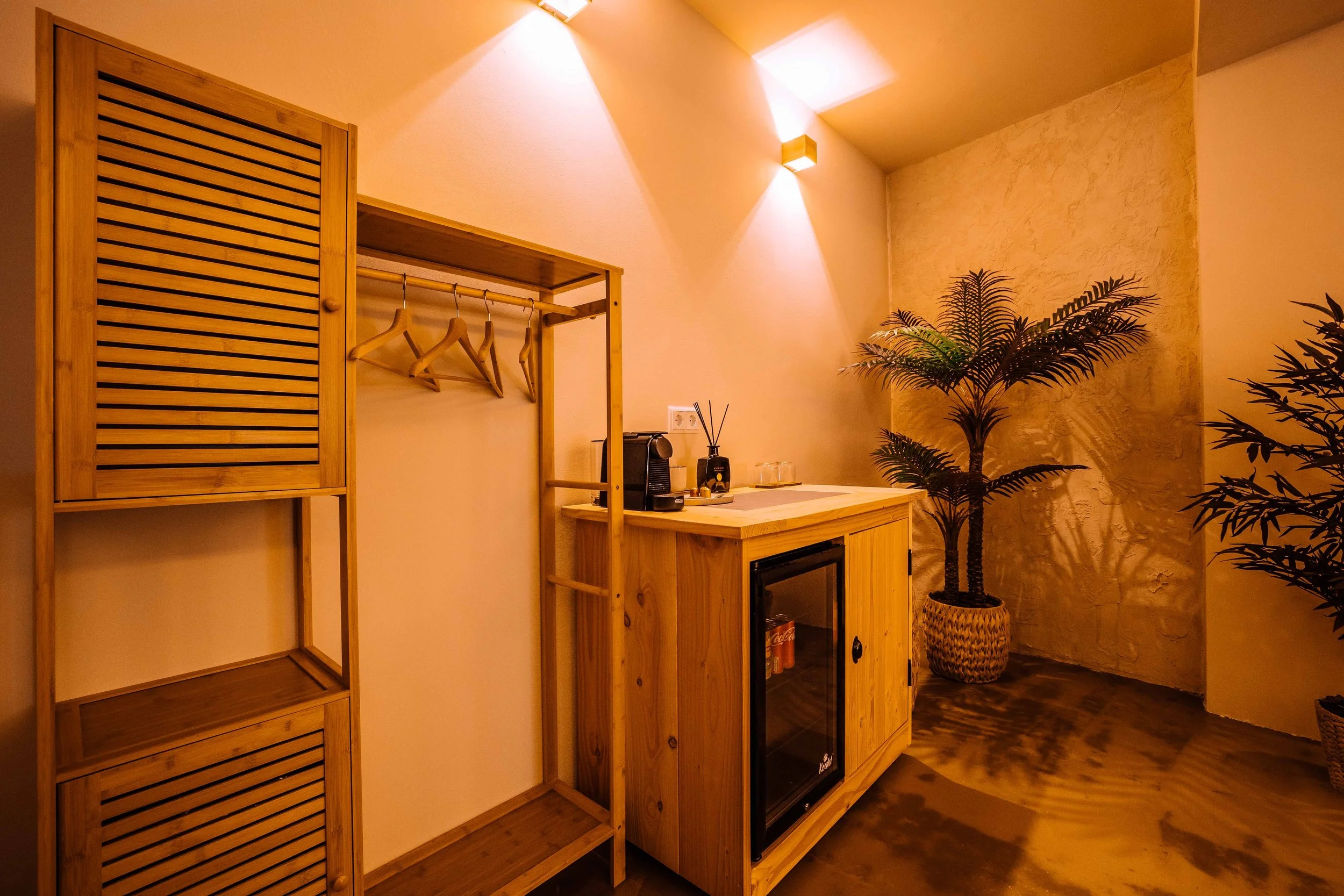 A cozy interior corner with a wooden wardrobe, a mini fridge, a coffee machine, and two potted plants. The room has warm lighting and textured walls.