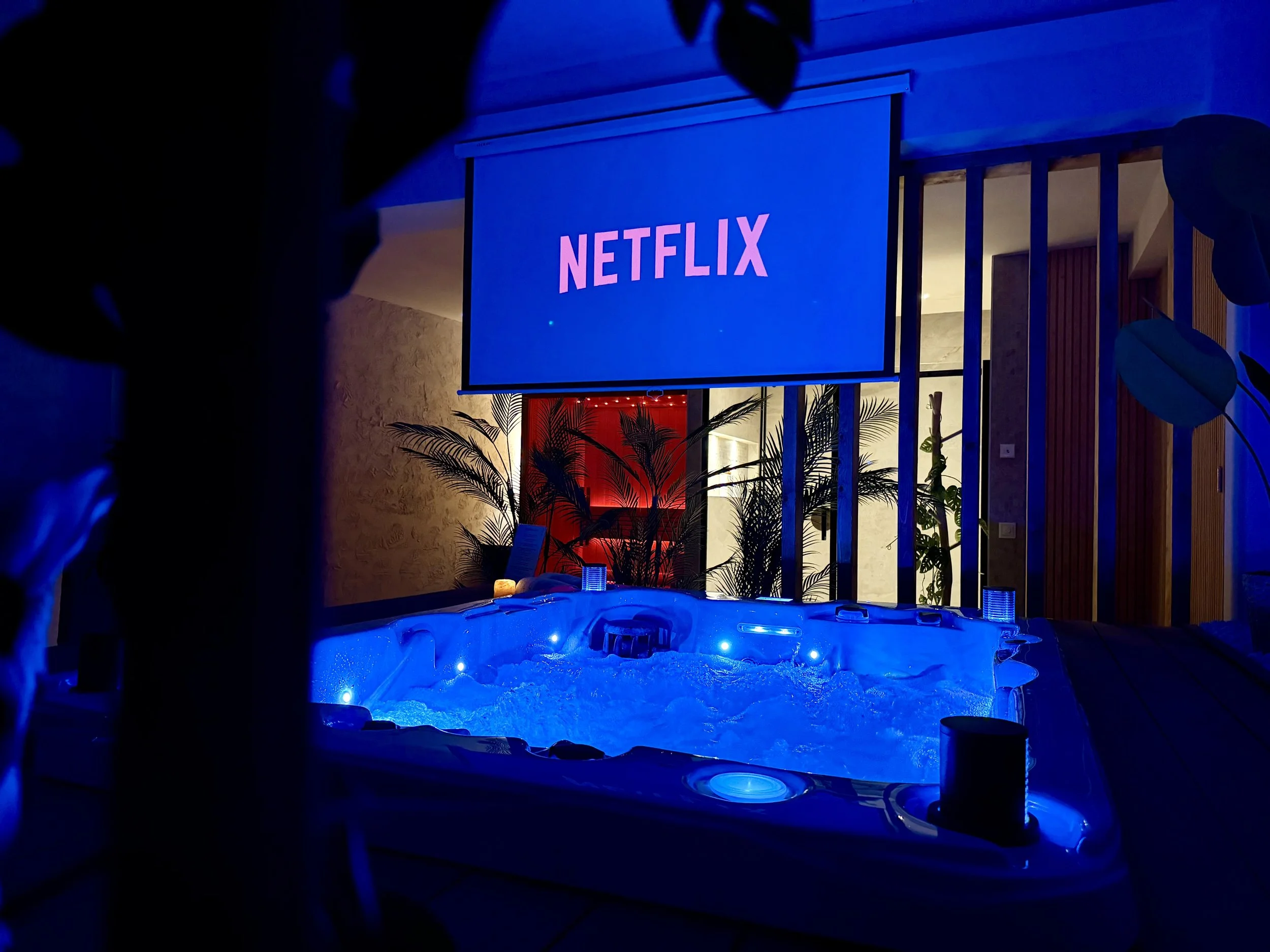 A hot tub with blue lighting in an indoor space, with a large screen displaying the Netflix logo above it. There are plants and warm lighting in the background.