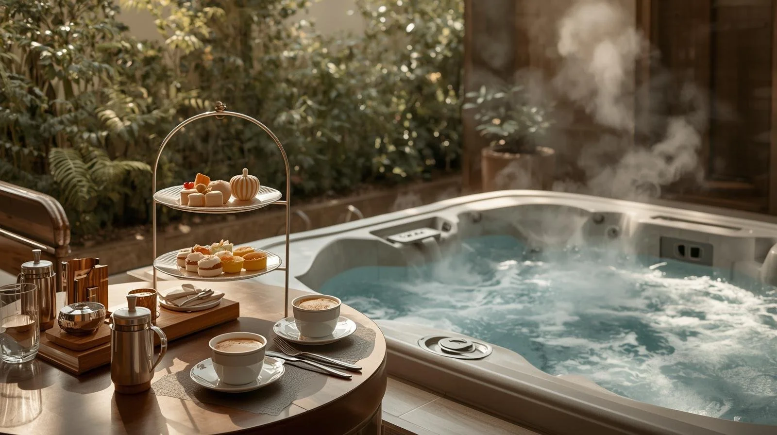 An indoor hot tub next to a table set with coffee cups and a tiered stand of assorted pastries, with lush greenery in the background. Ideal for high tea, events, girls spa date
