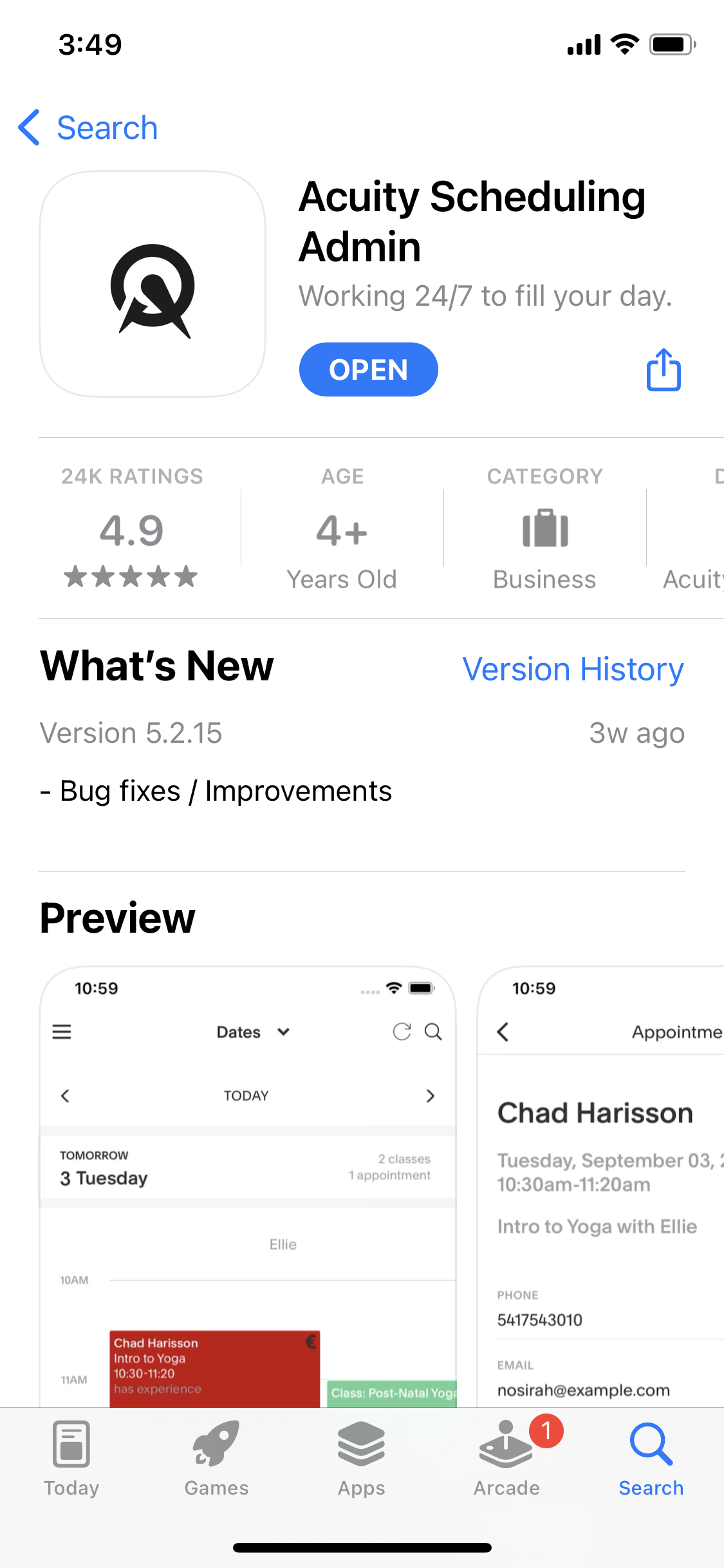 Screenshot of the Acuity Scheduling Admin app page showing app details, version history, and a preview of the app's interface with a calendar and appointment details.