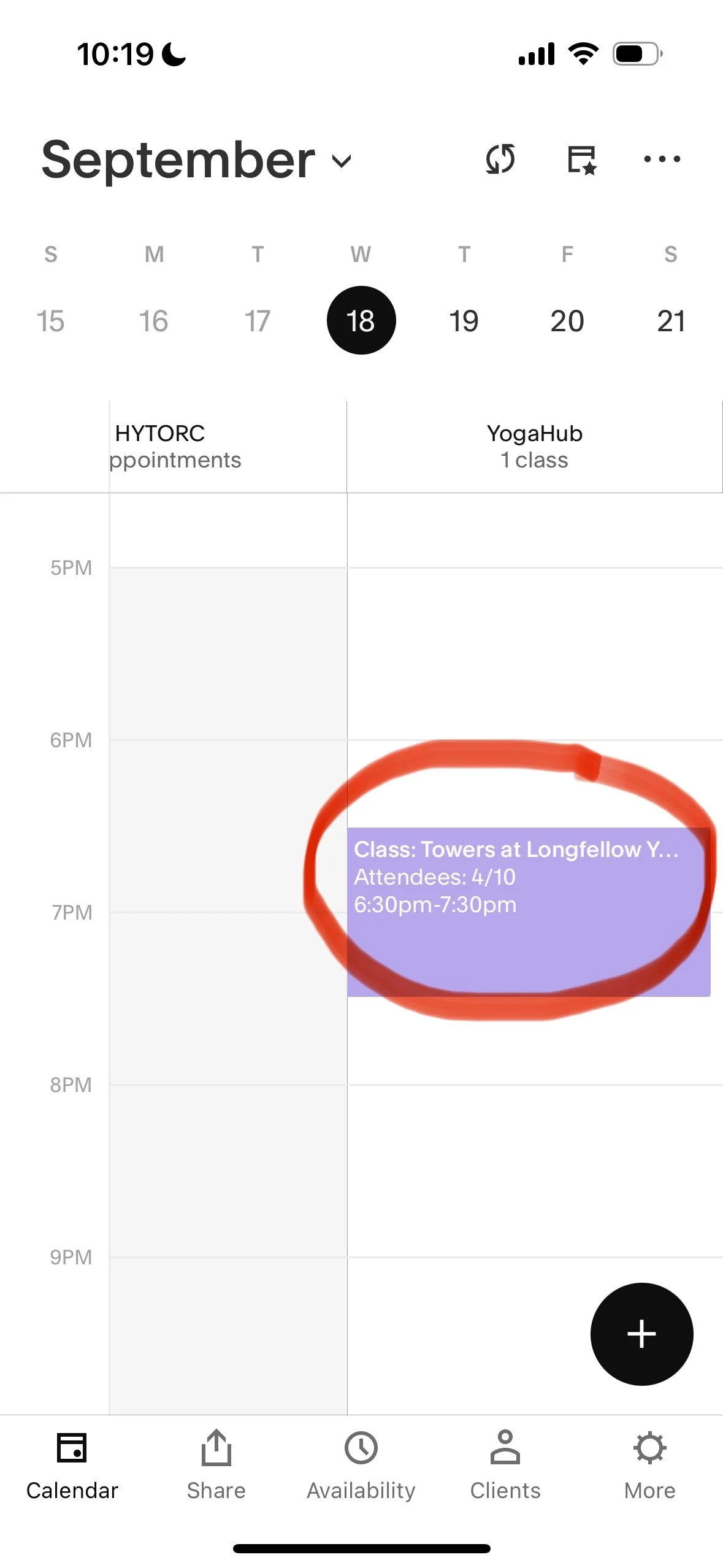 Calendar app showing a scheduled class titled 'Towers at Longfellow Y' from 6:30 pm to 7:30 pm on September 18.
