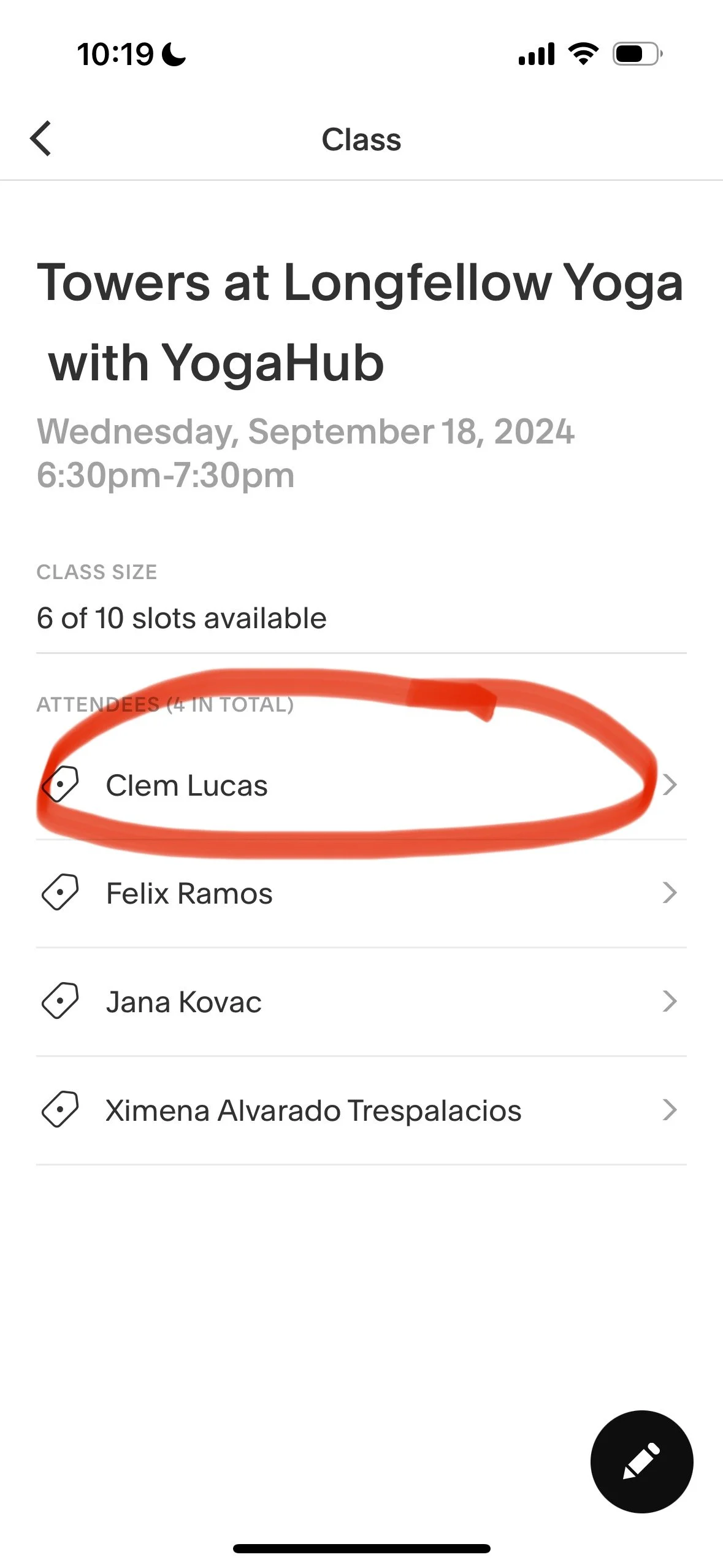 Event listing for a yoga class titled 'Towers at Longfellow Yoga with YogaHub,' scheduled for September 18, 2024, from 6:30 pm to 7:30 pm, showing four attendees including Clem Lucas.