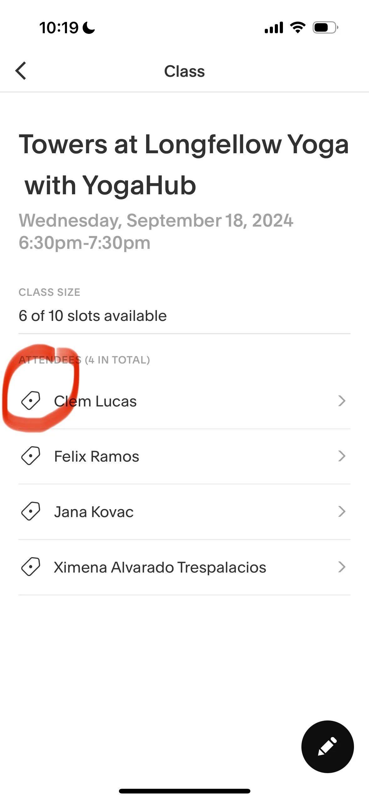 Class schedule for 'Towers at Longfellow Yoga with YogaHub' on September 18, 2024, from 6:30 pm to 7:30 pm, showing four attendees' names and a booking status.