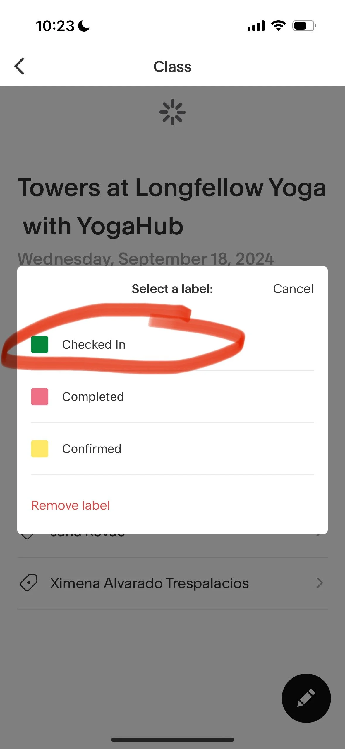 Mobile app screen displaying class check-in options for Towers at Longfellow Yoga, with the 'Checked In' label selected.