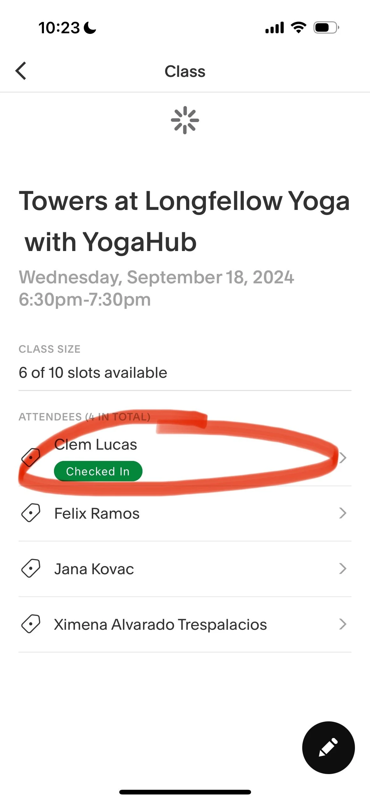 Screenshot of a class registration app showing a yoga class at Towers at Longfellow Yoga with YogaHub, scheduled for September 18, 2024, from 6:30 pm to 7:30 pm, with some attendees checked in.