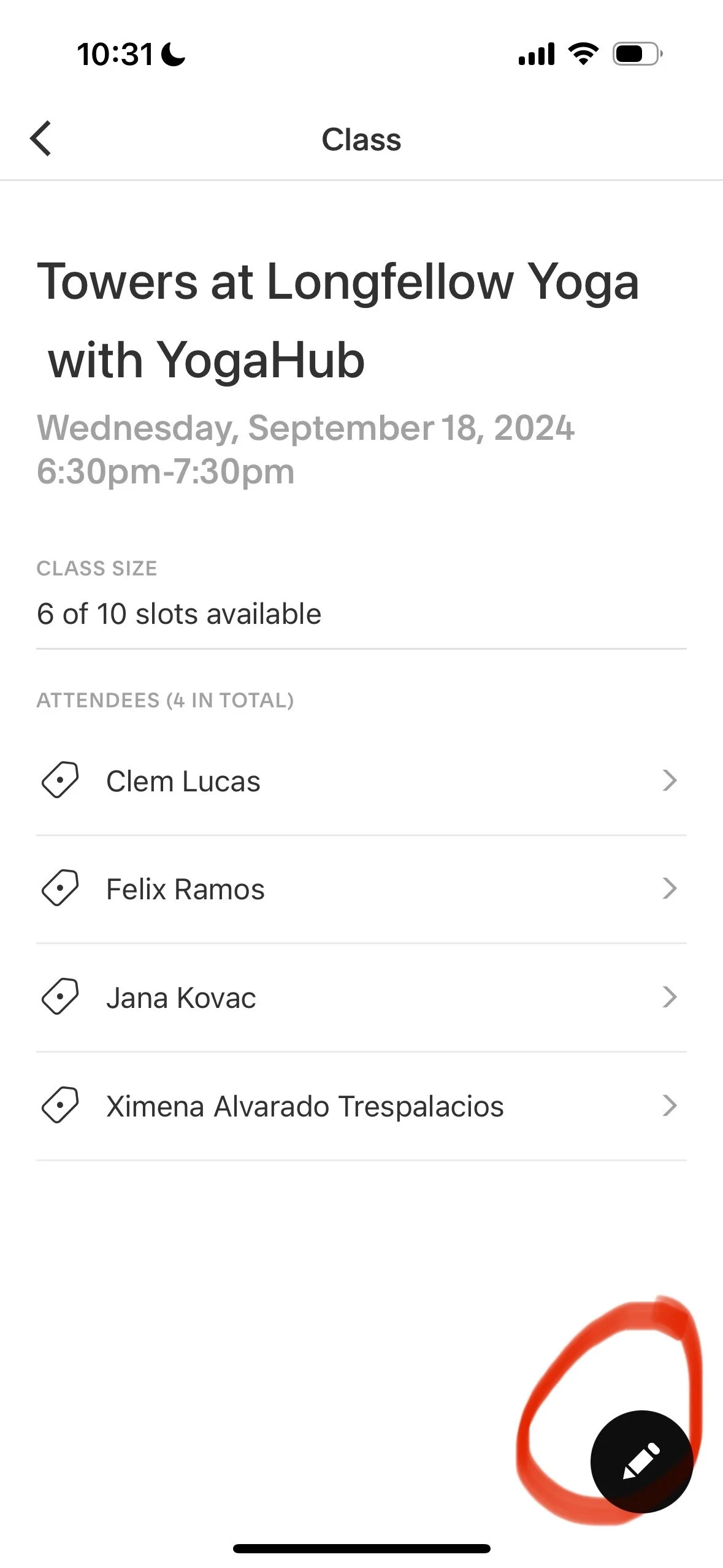 Mobile phone screen showing a yoga class schedule at Longfellow Yoga with YogaHub, scheduled for September 18, 2024, from 6:30pm to 7:30pm, with a list of four attendees and a red-highlighted editing icon in the bottom right corner.