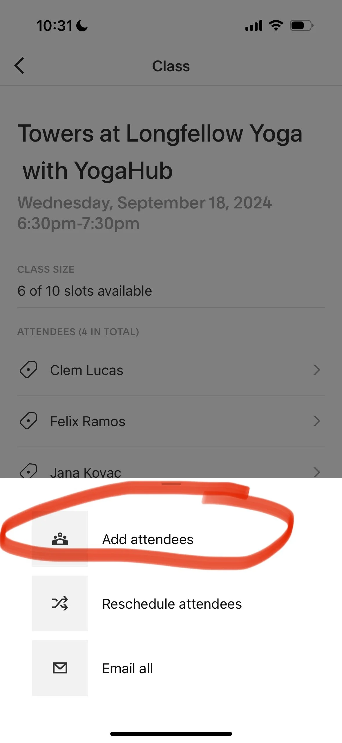 Screenshot of a mobile app interface showing details about a yoga class titled 'Towers at Longfellow Yoga with YogaHub,' scheduled for September 18, 2024, from 6:30 to 7:30 pm. The menu options include 'Add attendees,' 'Reschedule attendees,' and 'Email all.' The 'Add attendees' option is highlighted with a red circle.