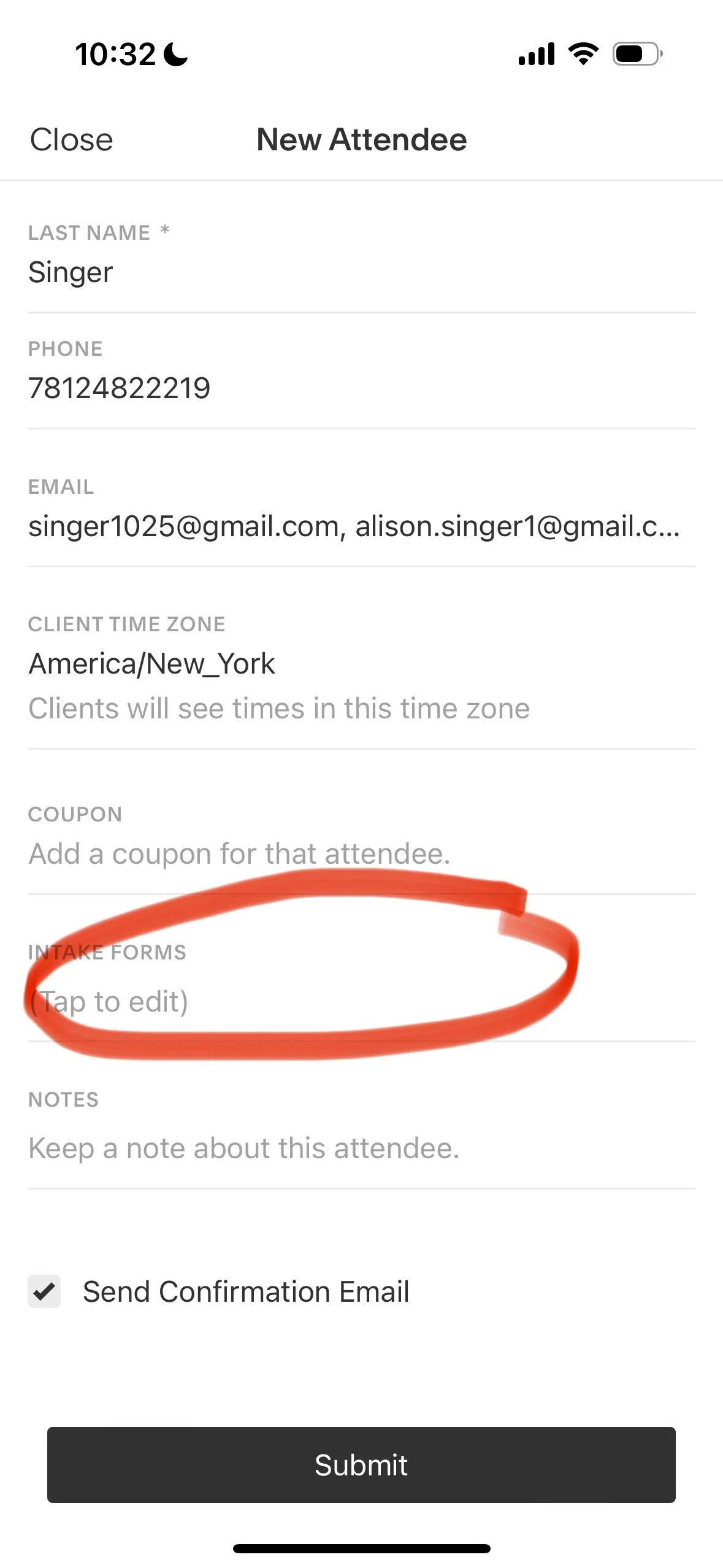Mobile app screen for adding a new attendee, showing fields for last name, phone, email, time zone, coupon, intake forms, notes, and a submission button.