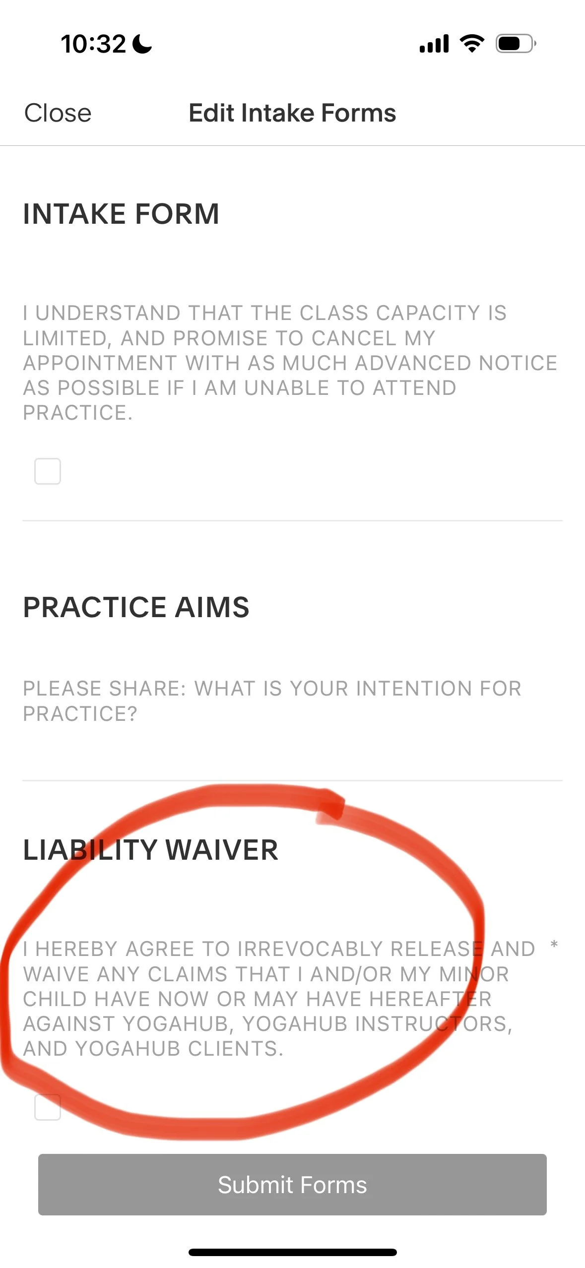 Screenshot of a mobile app form titled 'Edit Intake Forms' with sections including 'Intake Form,' 'Practice Aims,' and 'Liability Waiver,' the last having a red oval drawn around it. The form contains checkboxes and a 'Submit Forms' button at the bottom.