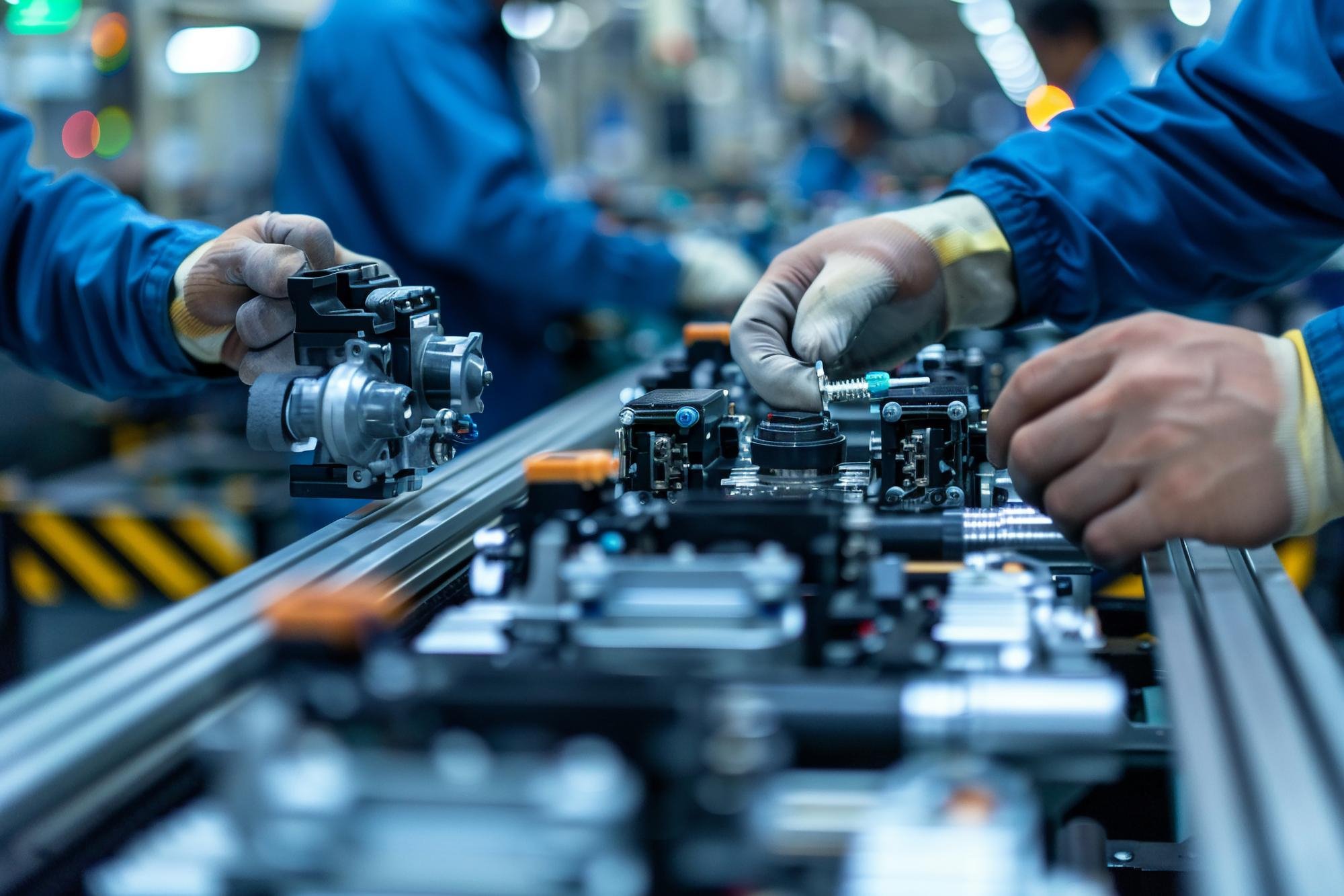 Manufacturing workers in blue uniforms assembling machinery on an production line.