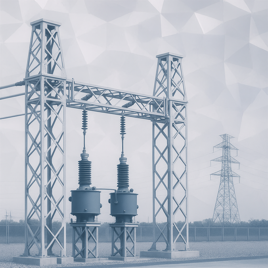 A power substation featuring two large transformers mounted on metal structures, with high-voltage power lines and transmission towers in the background, set in an open outdoor area.