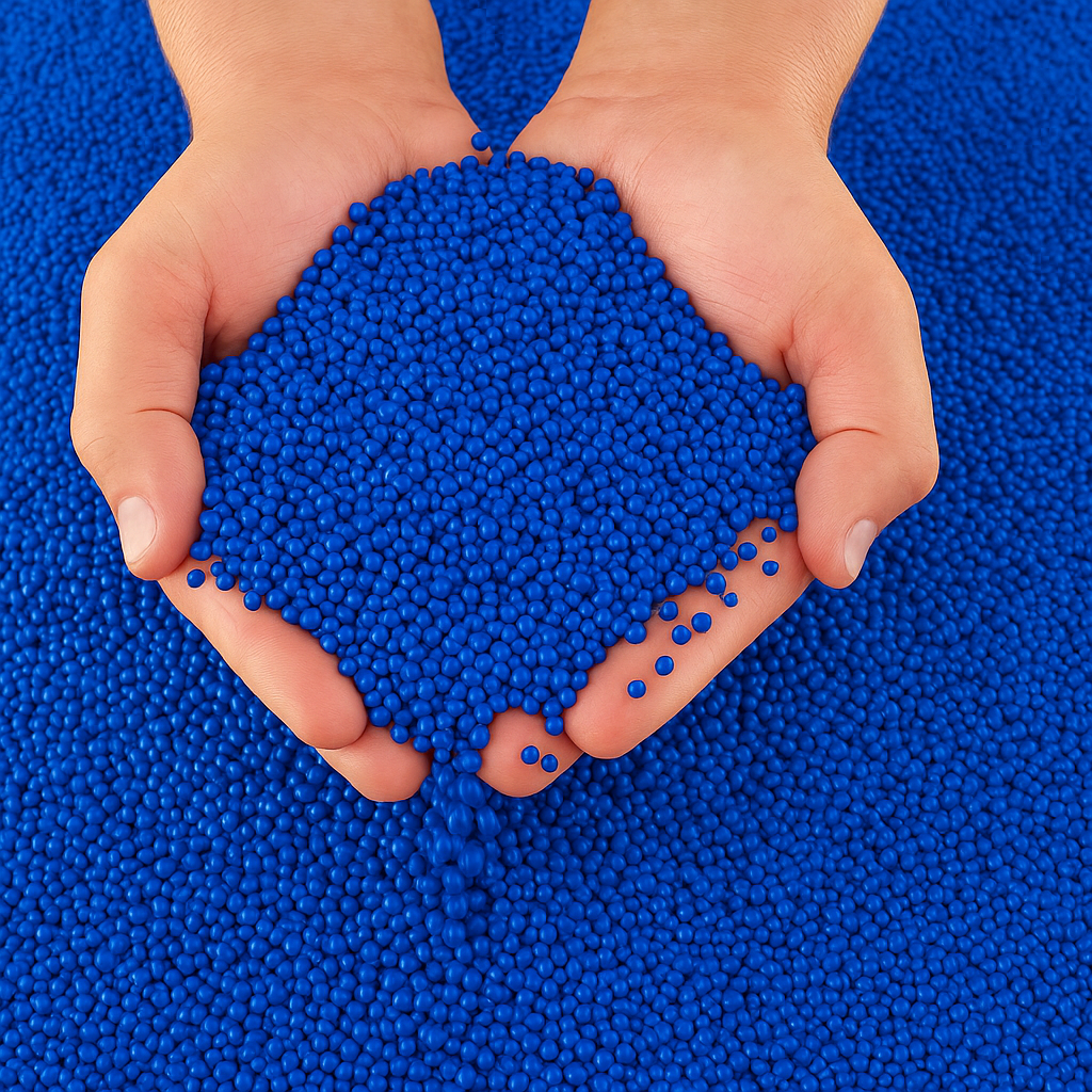 A pair of hands holding blue plastic beads over a surface covered with more blue beads.