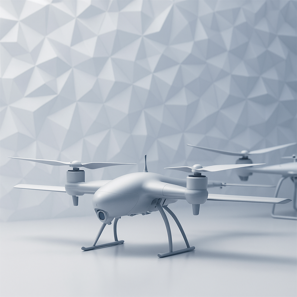 Two white drones with four propellers each are on display against a geometric wall background.