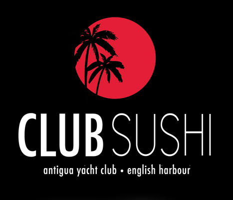 Logo for Club Sushi featuring a red sun with black palm trees, black background, white text for the club name and location.
