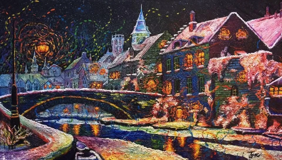 Brightly colored impressionist painting of a nighttime city scene with a bridge over a river, illuminated houses, trees with pink leaves, and a starry sky.