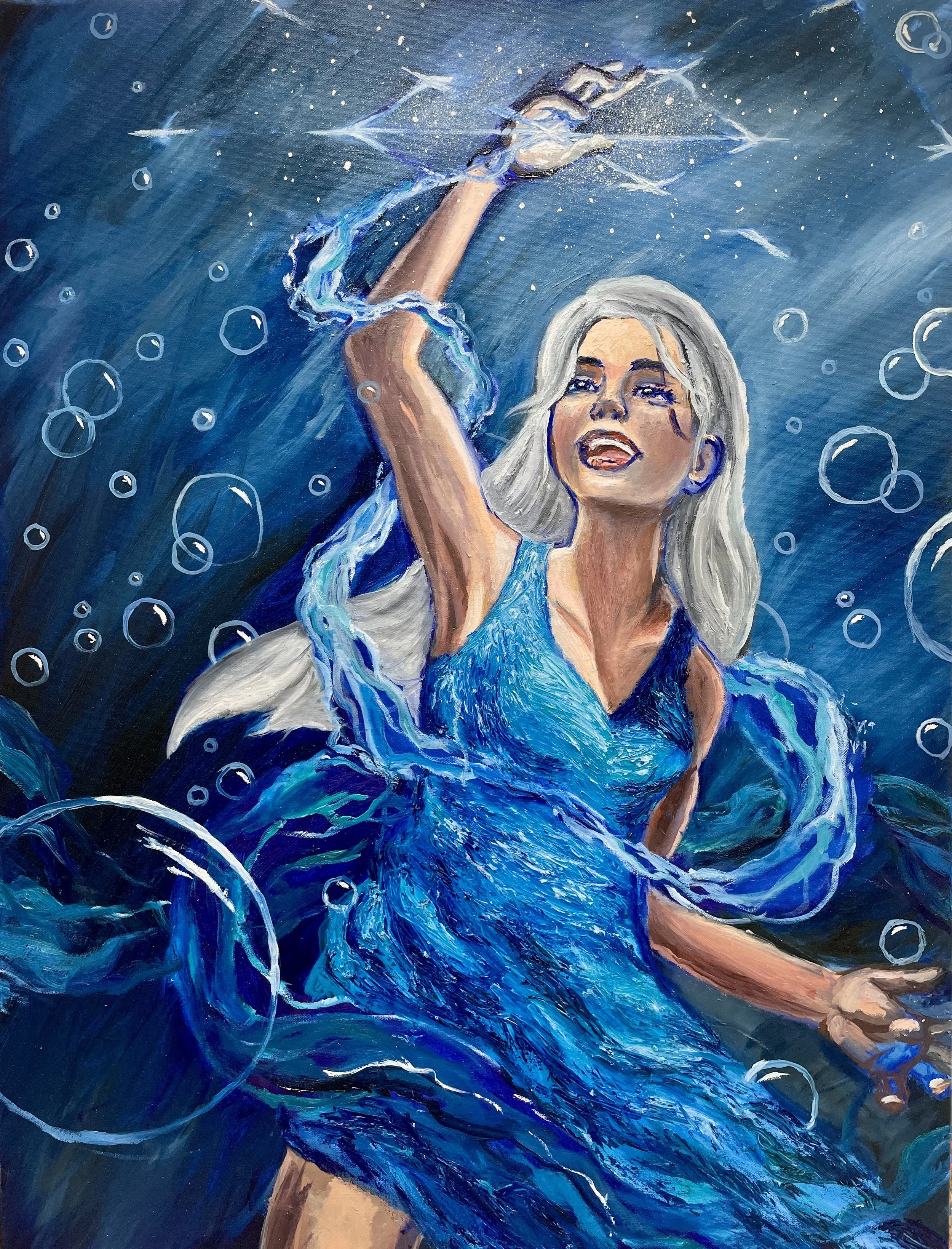 A sorceress with long, silver hair wearing a flowing blue dress, surrounded by water and bubbles, with her arm raised, as if controlling water and ice.