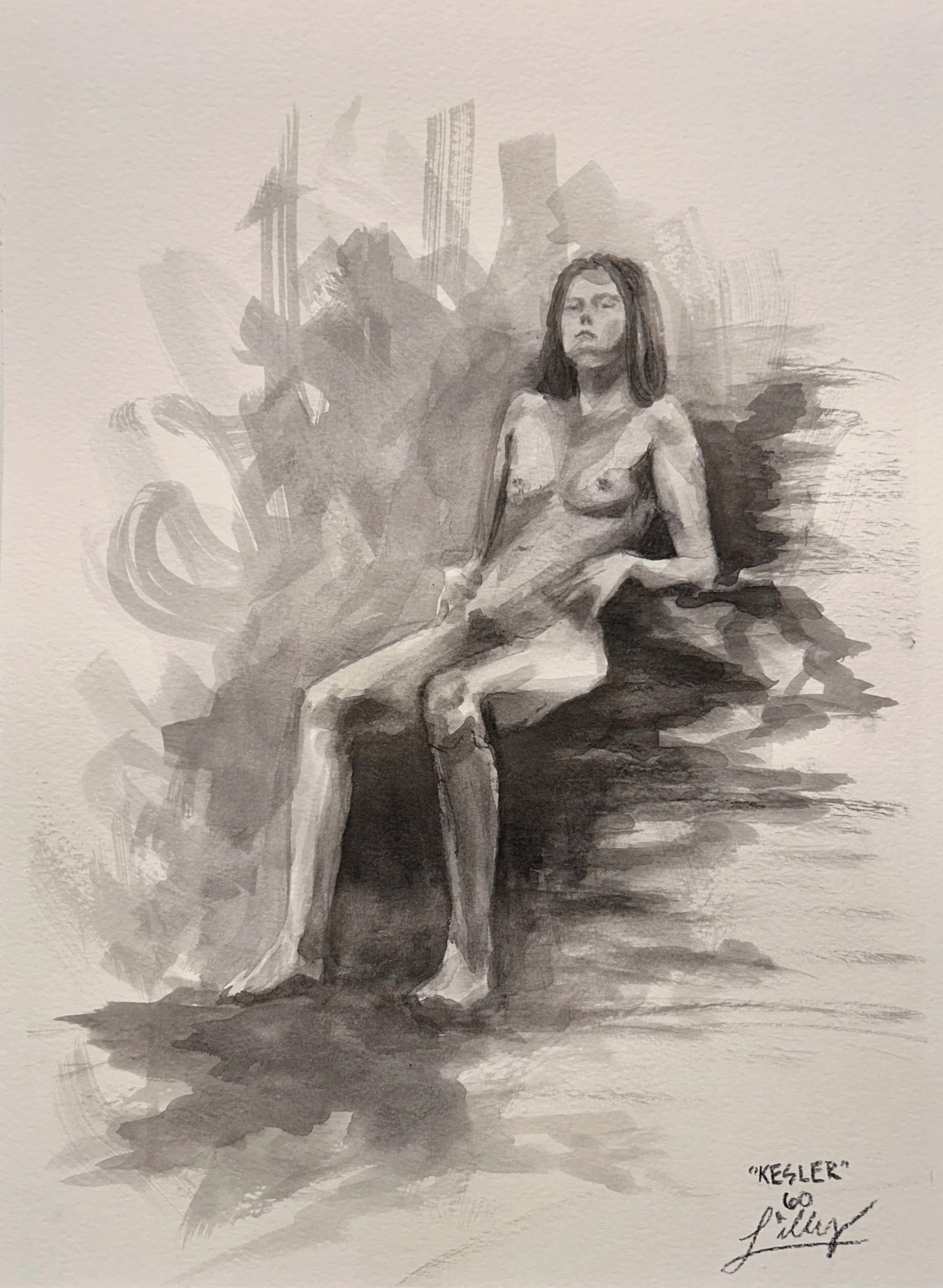 "1-hr Figure: Kesler" ink on watercolor paper, 11x14in, 2025