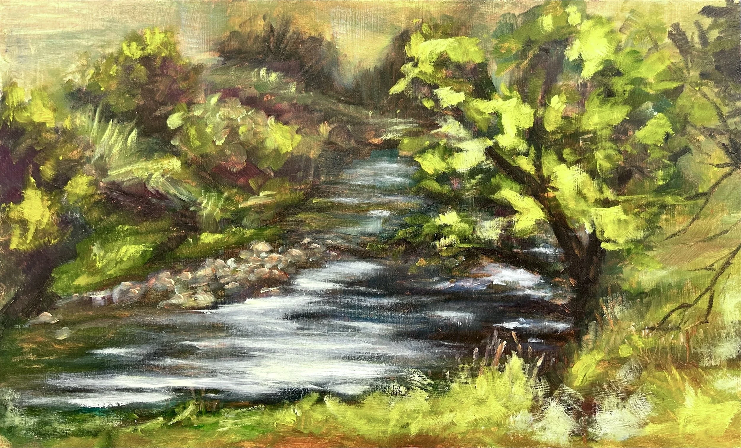 "Crazy Woman River" oil on masonite board, 6x9in, 2025