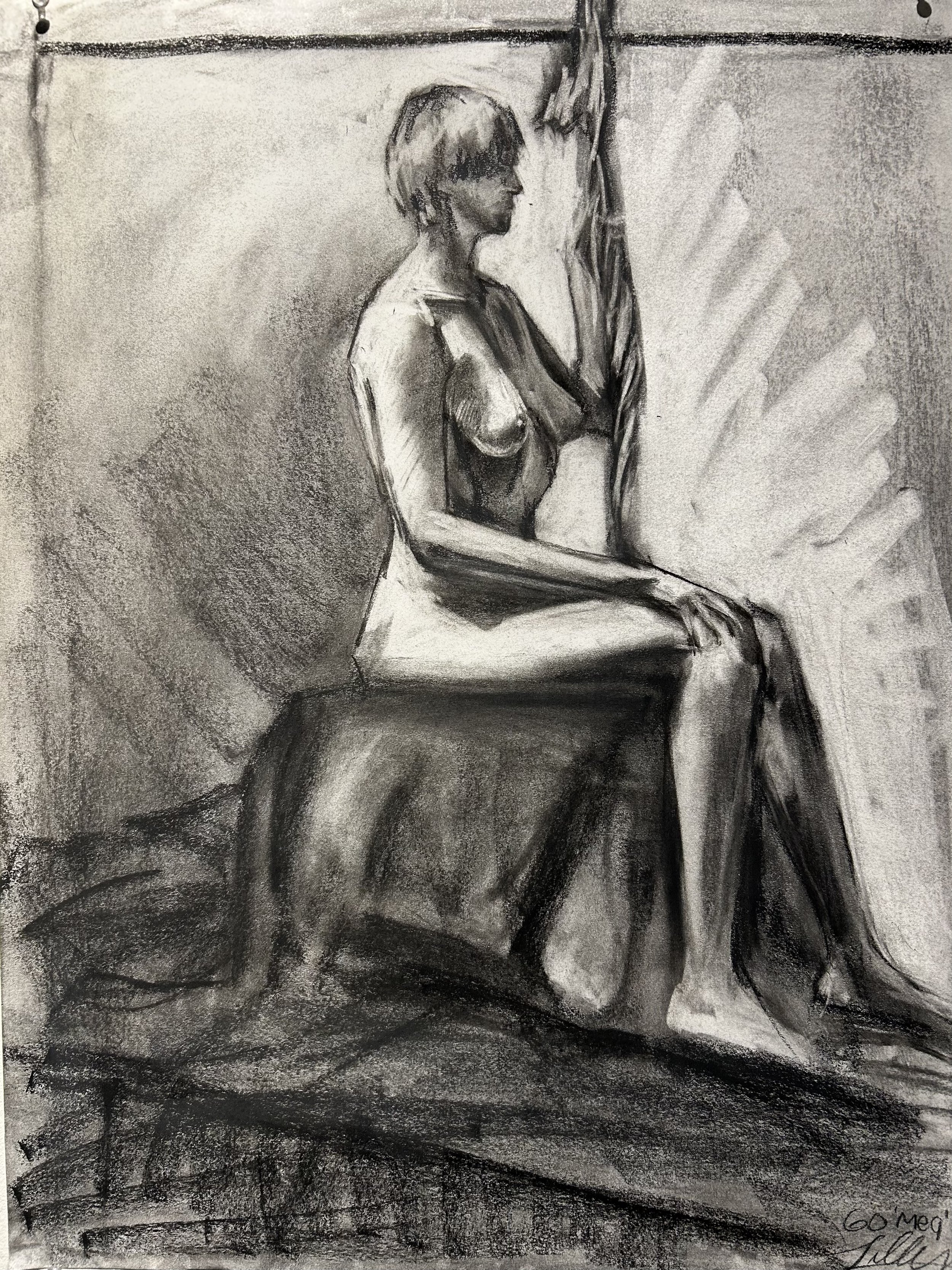 "90-min Figure: Meg" charcoal on paper, 18x24in, 2025