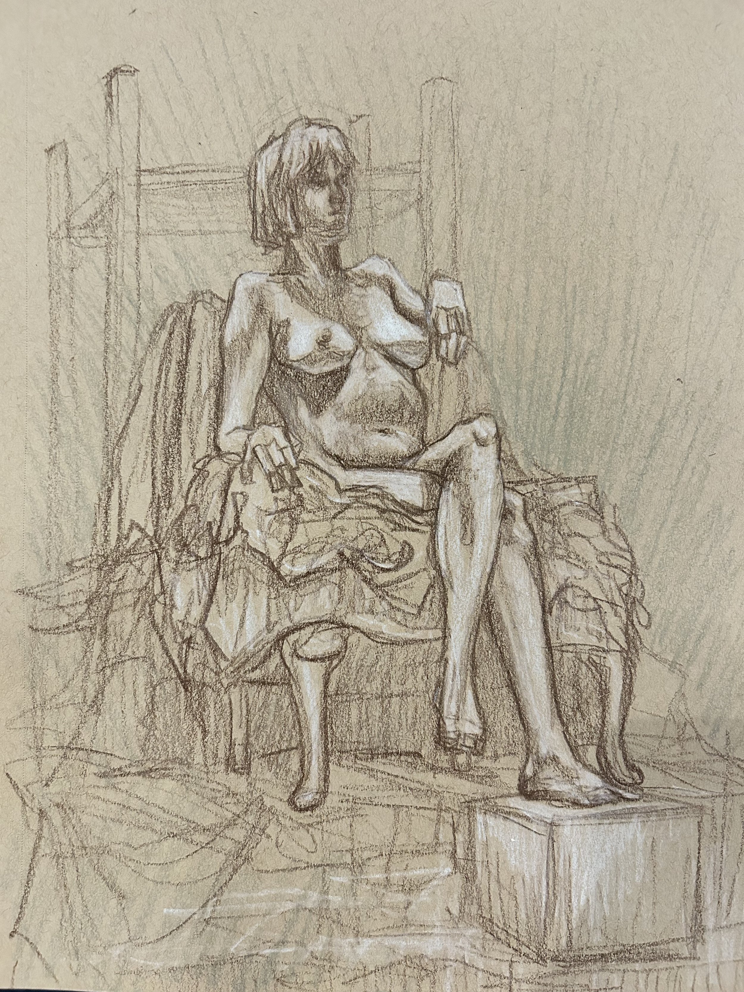 "1-hr Figure: Meg" polycolor pencil on toned paper, 8.5x11in, 2026