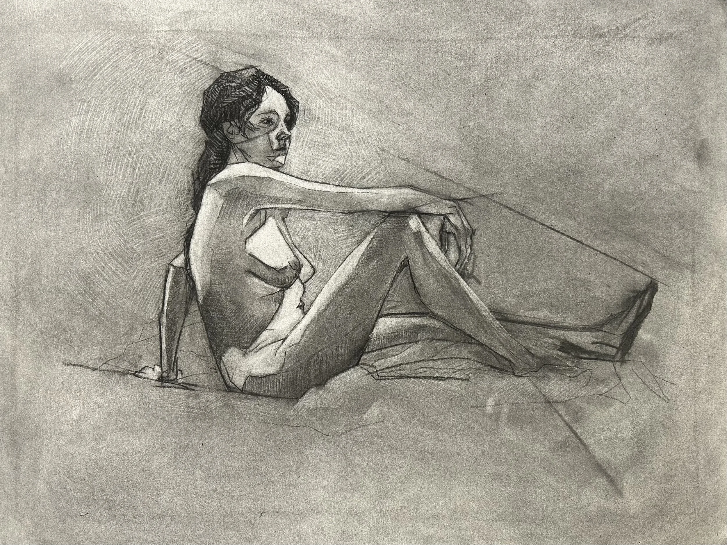 "90-min Figure: Dani" charcoal on paper, 18x24in, 2025