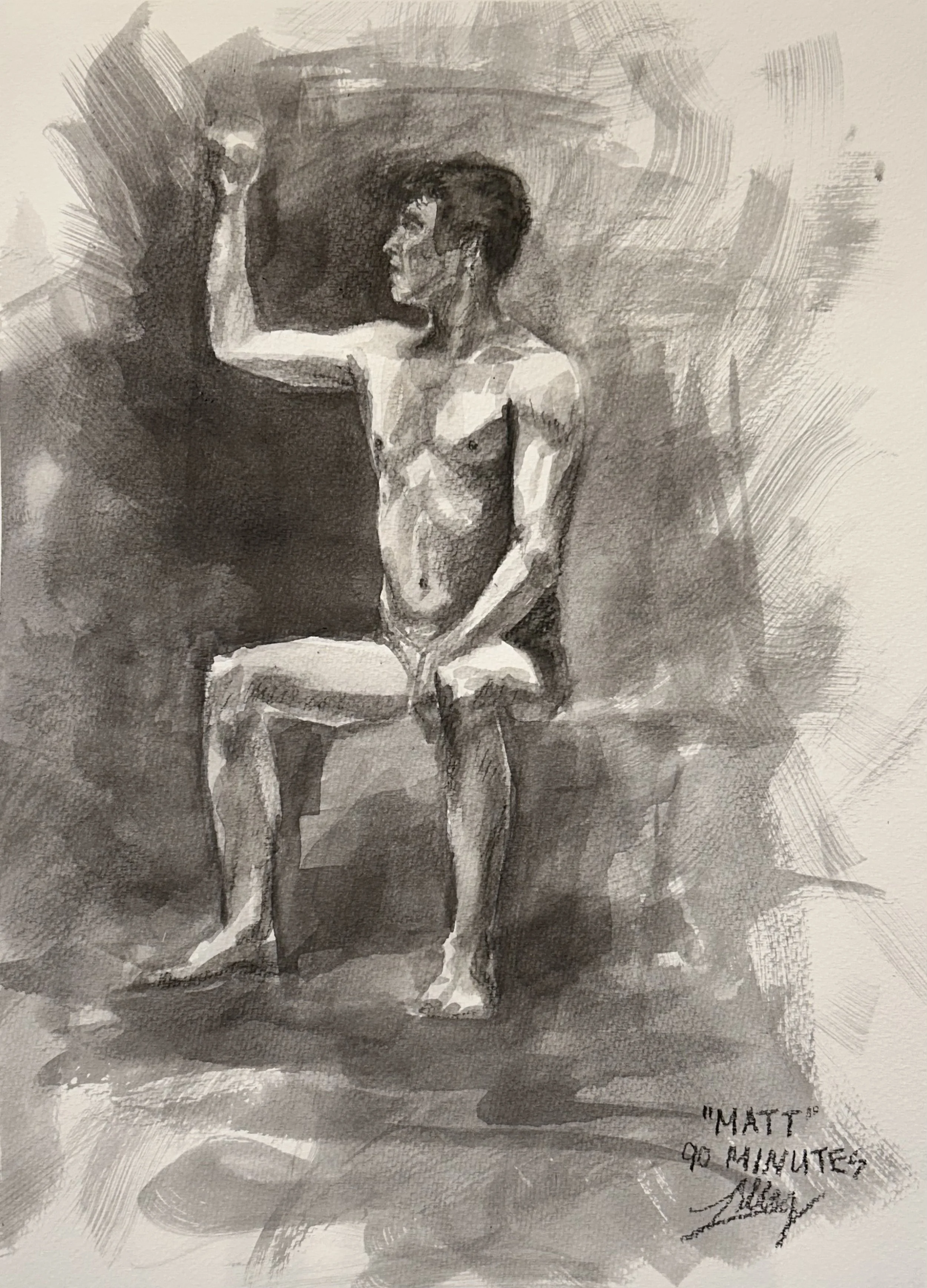 "90-min Figure: Matt" ink on watercolor paper, 11x14in, 2025