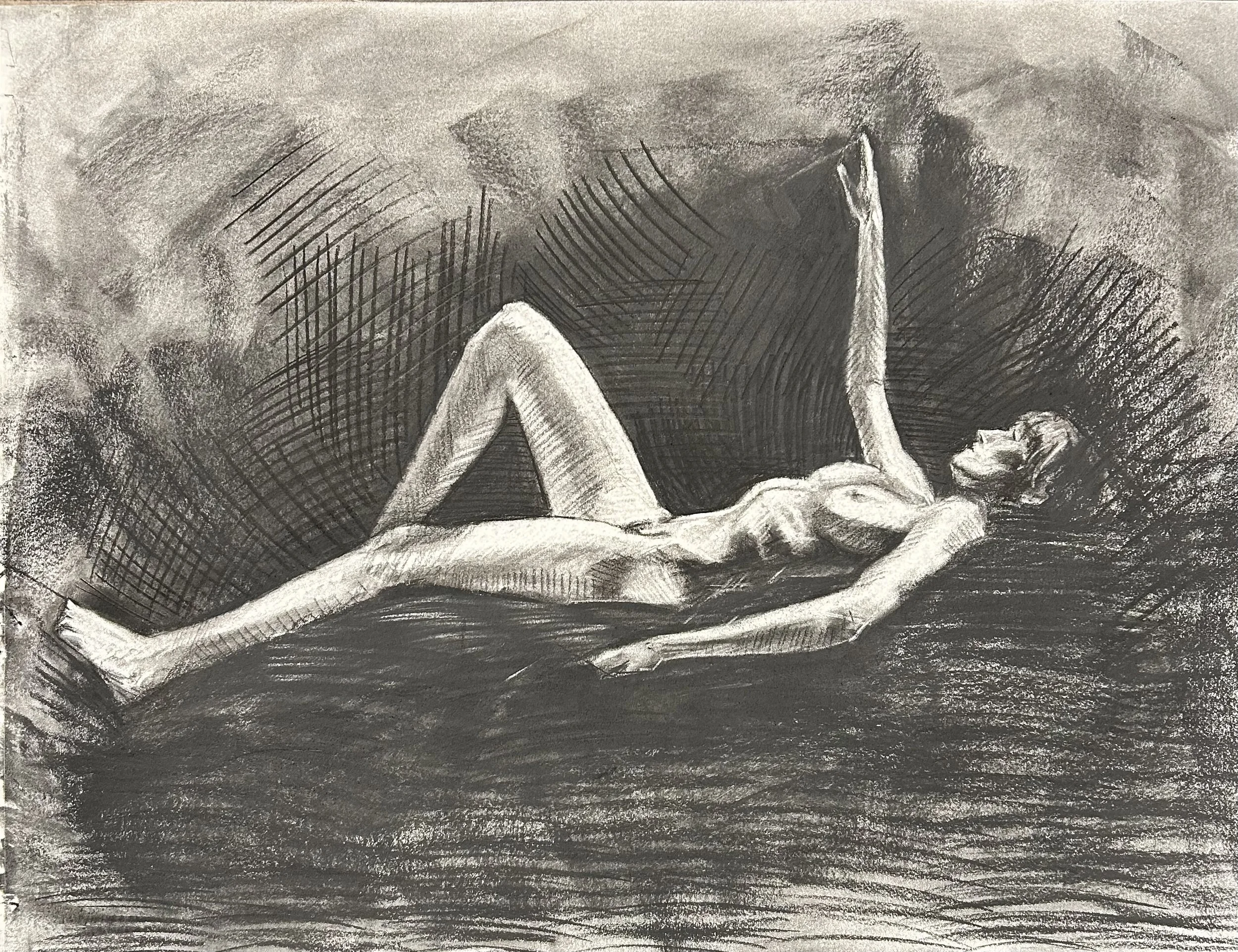 "90-min Figure: Meg" charcoal on paper, 18x24in, 2025