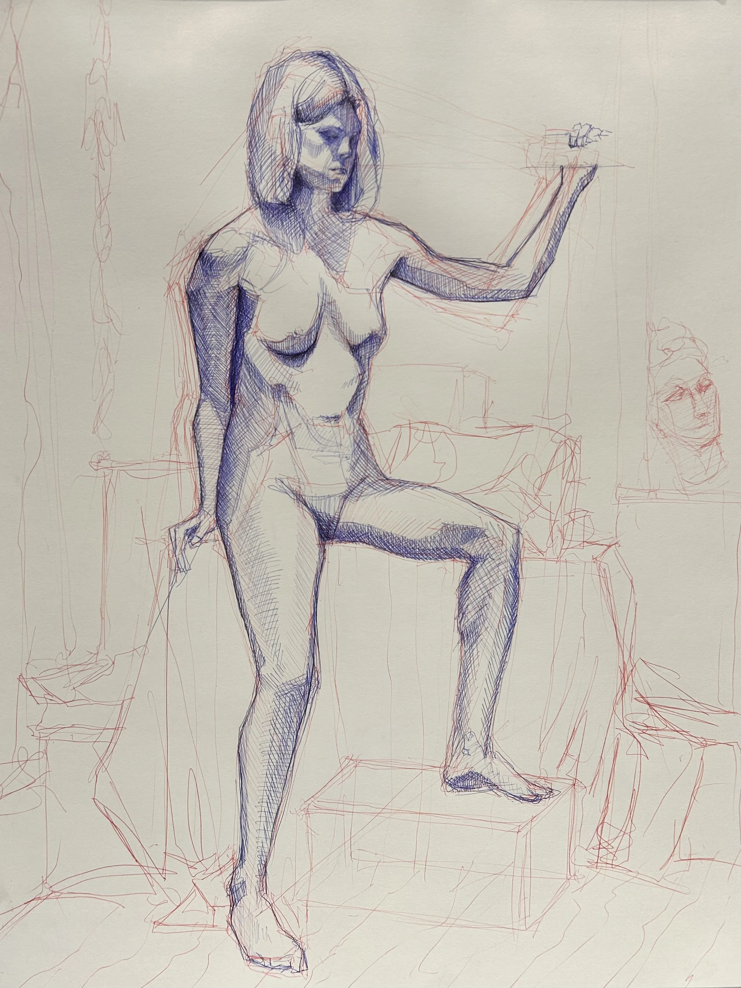 "90-min Figure: Kesler" ballpoint pen on drawing paper, 18x24in, 2025