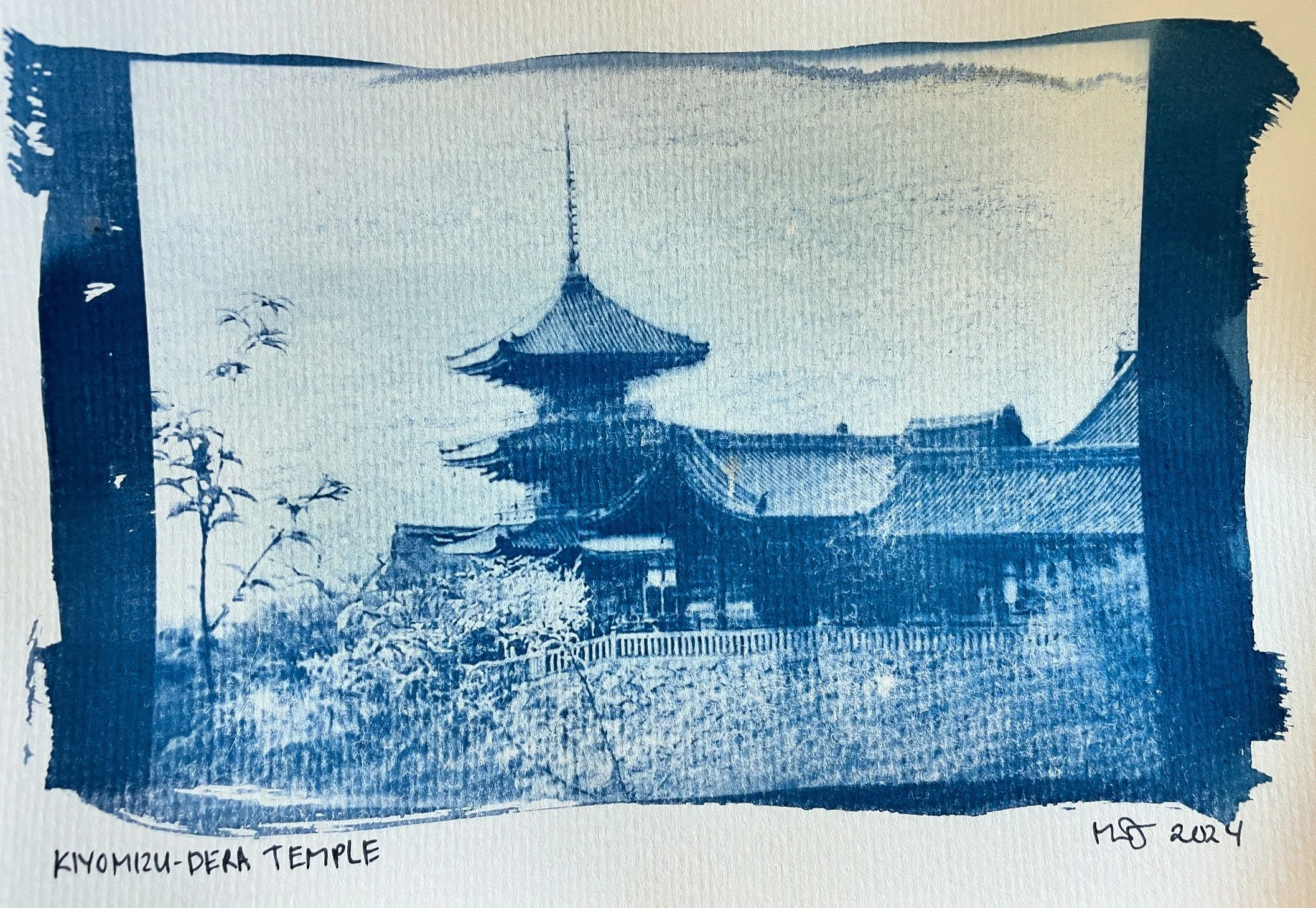 A blue monochrome watercolor painting of Kiyomizu-dera Temple with traditional Japanese architecture, including a multi-tiered pagoda and surrounding trees, signed and dated 2024.