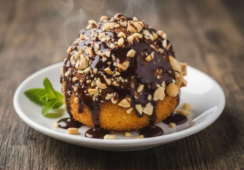 Chocolate-drizzled dessert with chopped nuts on a white plate, garnished with a mint leaf, on a wooden surface.