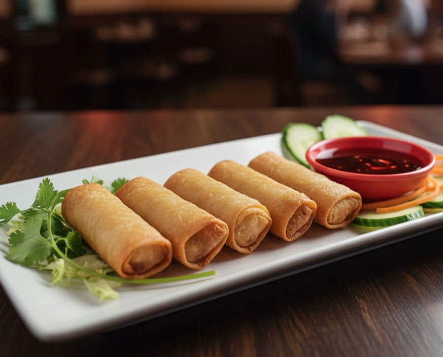 Plate with five spring rolls, sliced cucumbers, and a small bowl of dipping sauce.