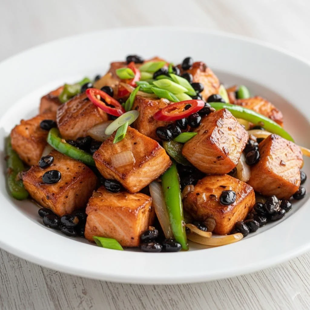 A dish with cooked salmon cubes, black beans, sliced red chilies, green onions, and onions on a white plate.